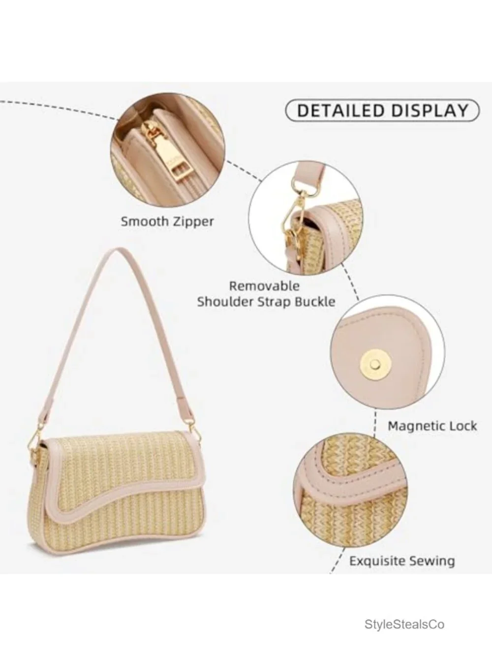 Straw PU Leather Hobo Shoulder Bag Detachable Chain Crossbody Mini
